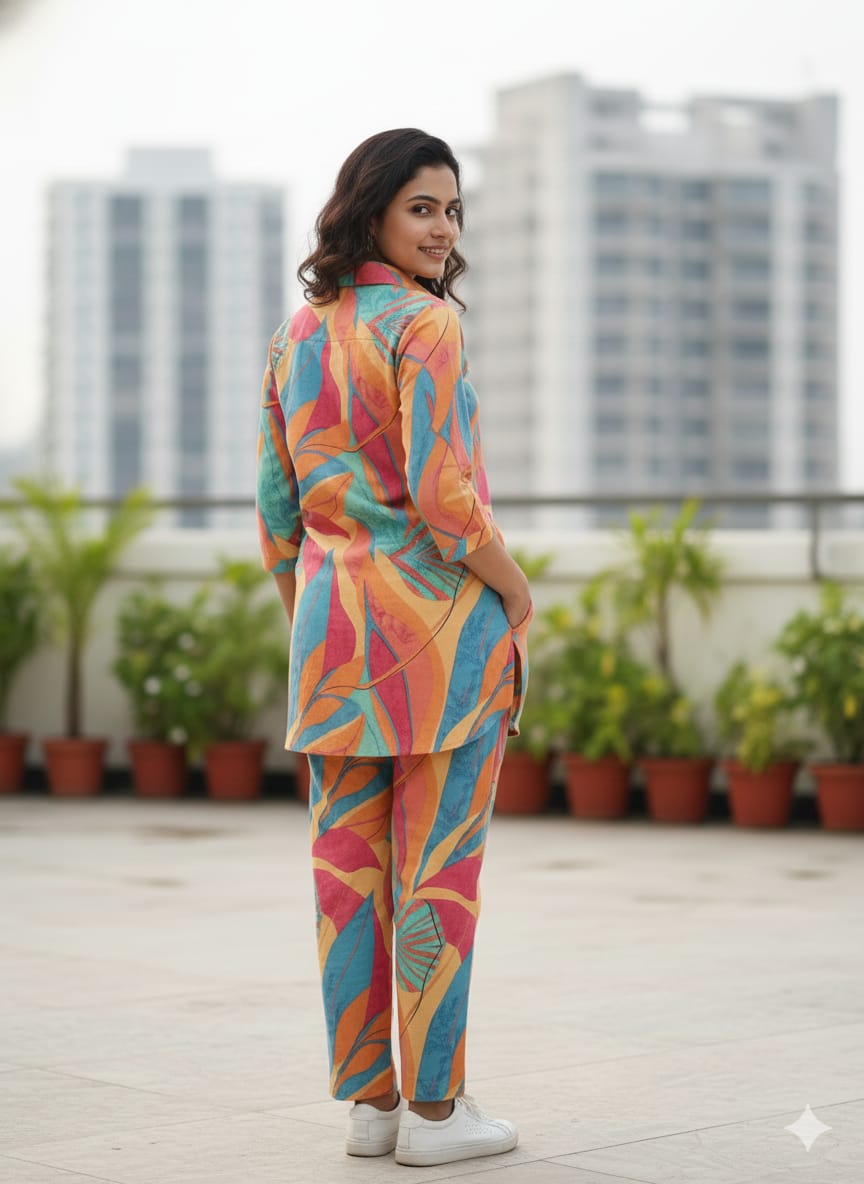 Women’s Multicolor Tropical Leaf Printed Cotton Shirt & Pant Co-Ord Set