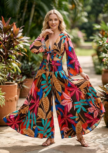 Women’s Leaf Printed Cotton Tie-Front Crop Top & Flared Palazzo Pant Co-ord Set