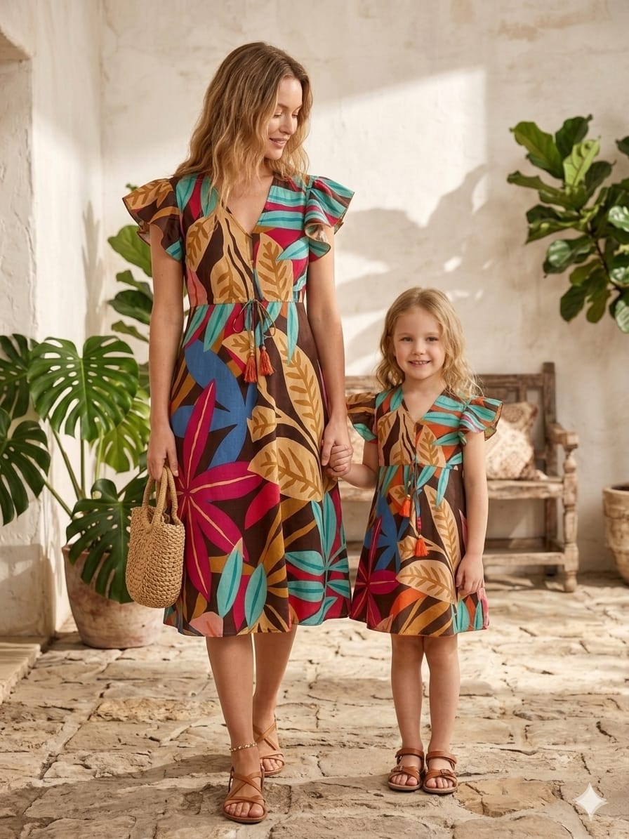 Mom & Me Multicolor Leaf Printed Cotton Umbrella Style A-Line Dress with Drawstring Waist