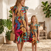 Mom & Me Multicolor Leaf Printed Cotton Umbrella Style A-Line Dress with Drawstring Waist