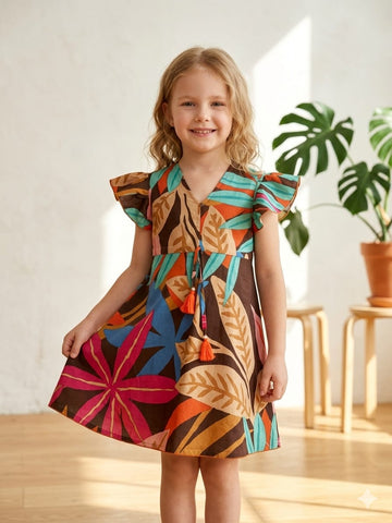 Baby Girls Leaf Printed Cotton Umbrella Style A-Line Dress with Flutter Sleeves