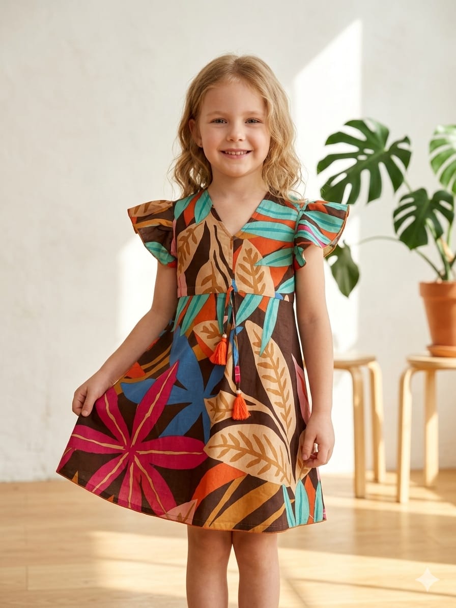 Baby Girls Leaf Printed Cotton Umbrella Style A-Line Dress with Flutter Sleeves
