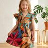 Baby Girls Leaf Printed Cotton Umbrella Style A-Line Dress with Flutter Sleeves