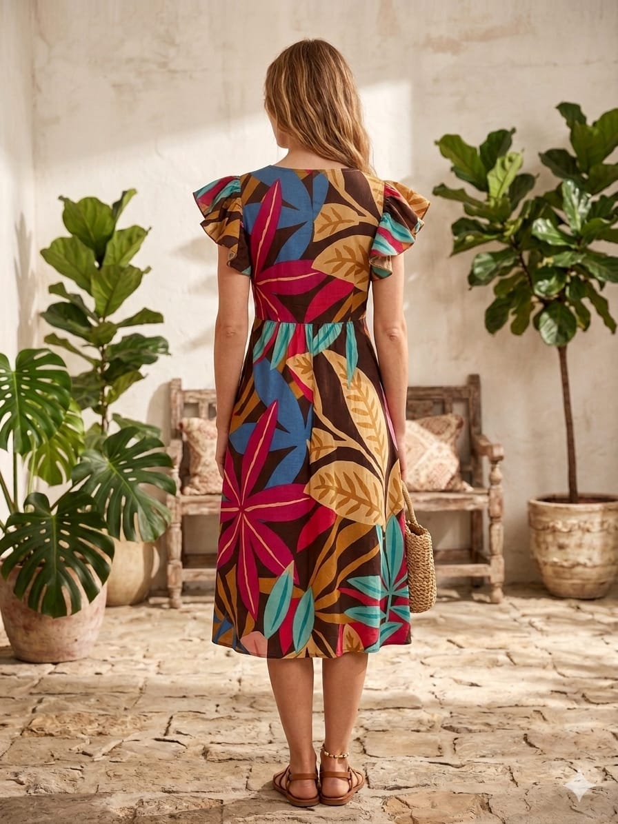 Women’s Leaf Printed Cotton Umbrella Style A-Line Dress with Drawstring Waist