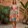 Women’s Multicolor Tropical Leaf Printed Cotton Umbrella Style A-Line Dress with Drawstring Waist