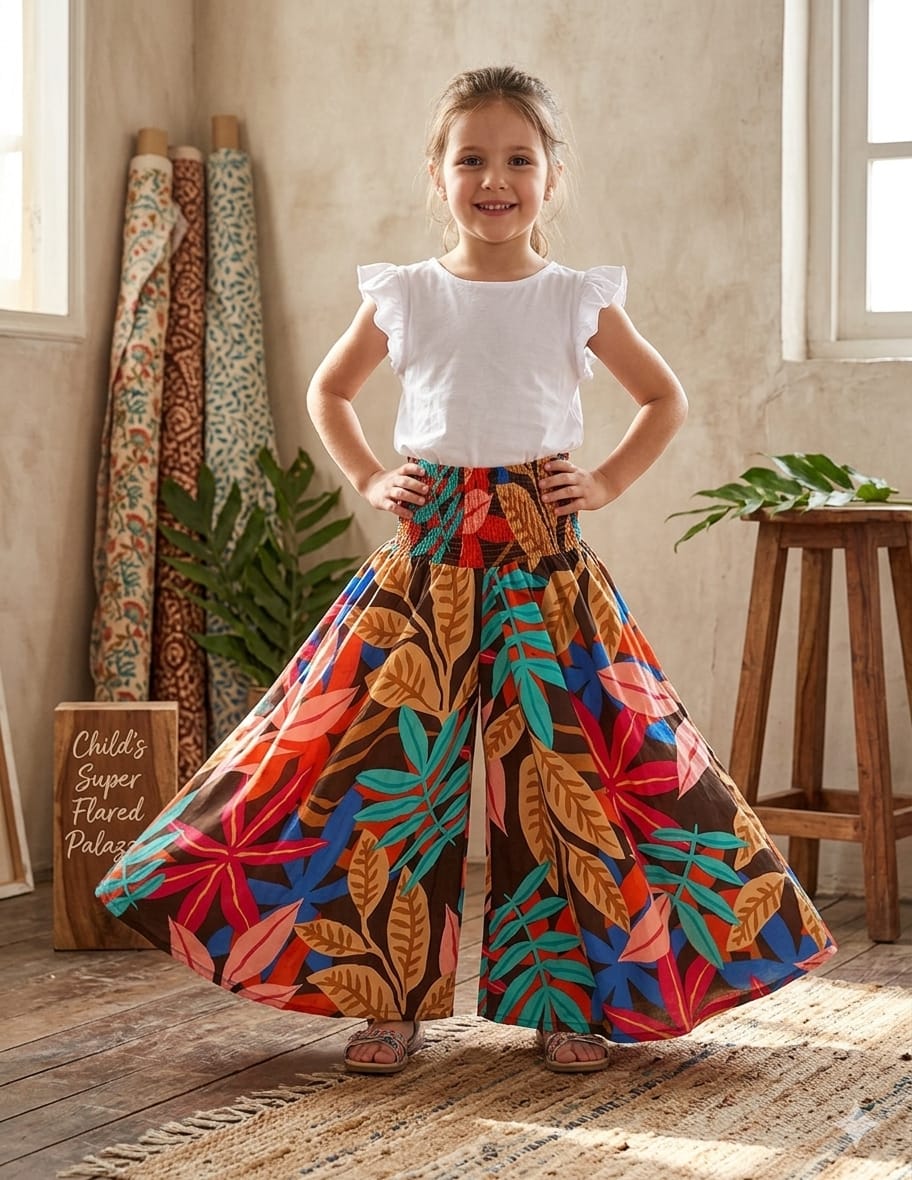 Baby Girl Multicolor Leaf Printed Cotton Flared Palazzo Pants with Smocked Waist