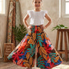 Baby Girl Multicolor Leaf Printed Cotton Flared Palazzo Pants with Smocked Waist