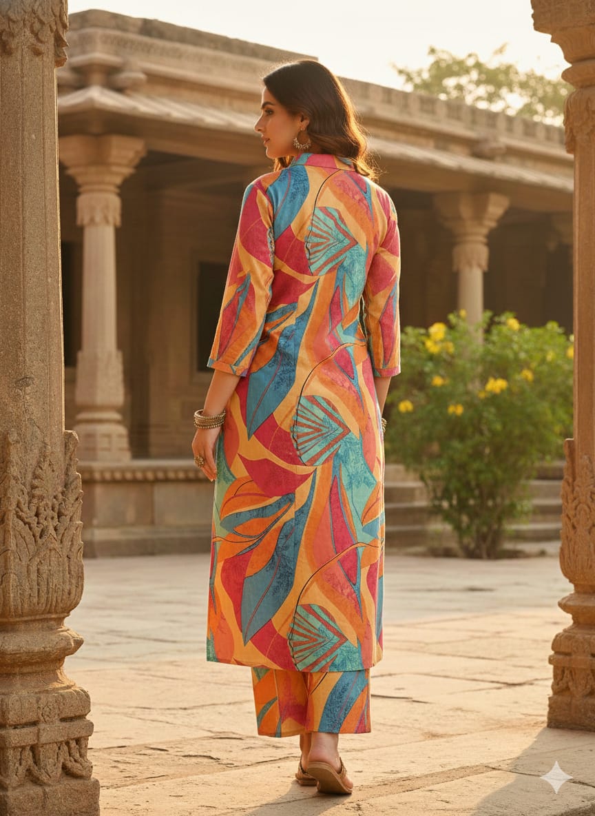 Women’s Multicolor Leaf Printed Cotton Kurta Set with Straight Pants