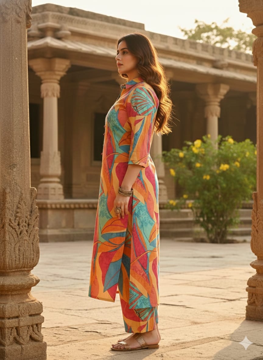 Women’s Multicolor Leaf Printed Cotton Kurta Set with Straight Pants