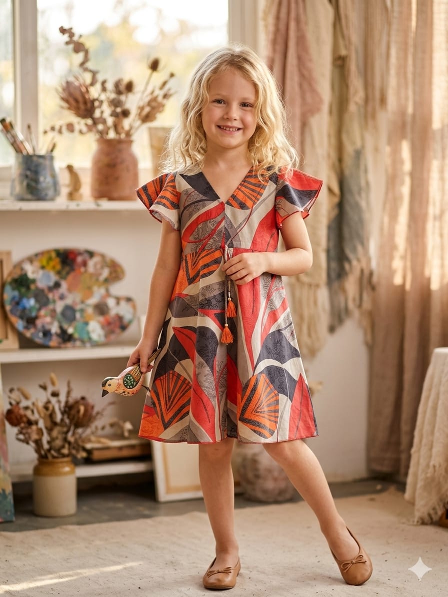 Mom & Me Multicolor Printed Cotton Umbrella Style A-Line Dress with Drawstring Waist