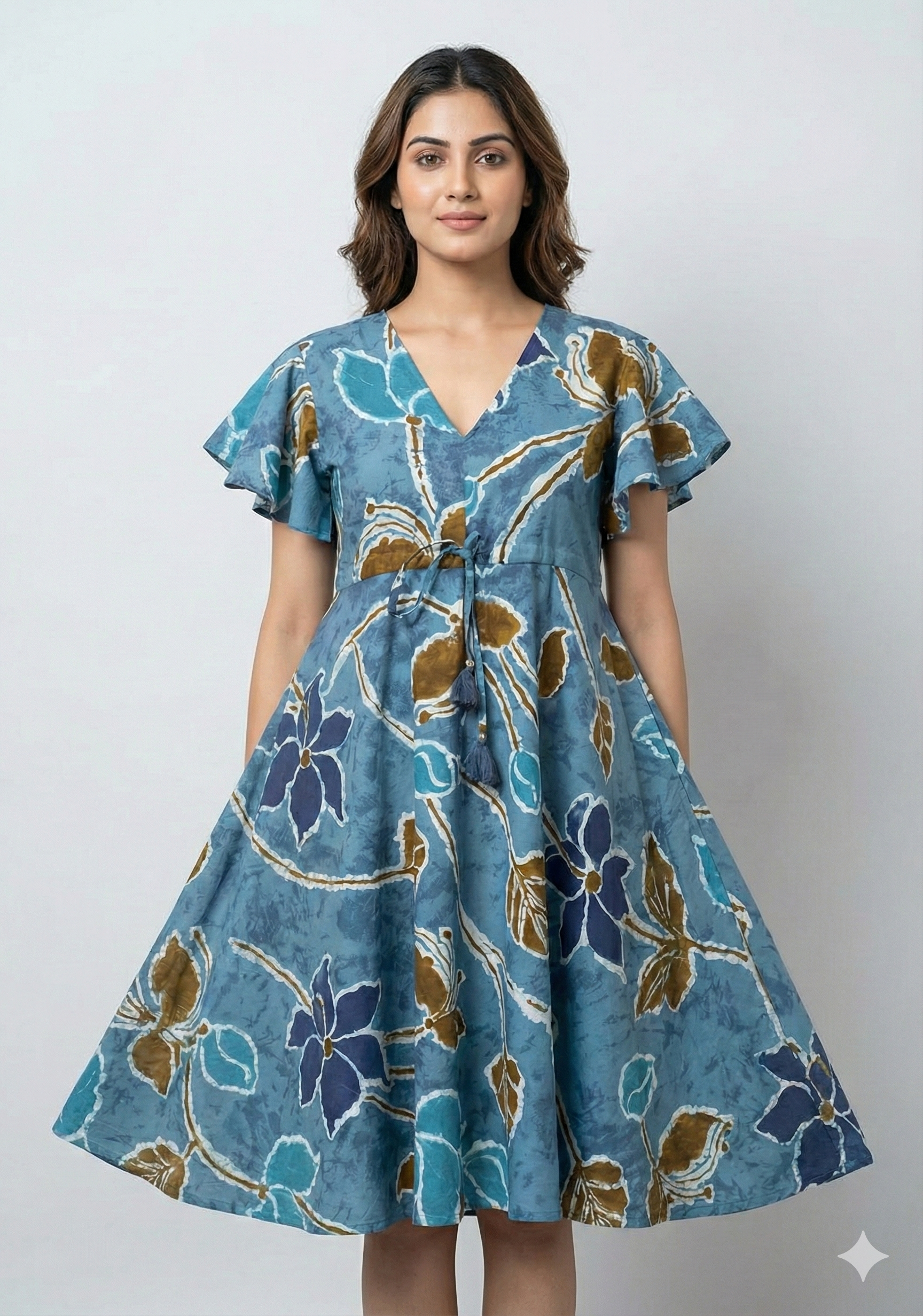 Women’s Cotton Blue Floral Printed Umbrella Style A-Line Dress