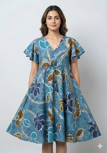 Women’s Cotton Blue Floral Printed Umbrella Style A-Line Dress