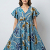 Women’s Cotton Blue Floral Printed Umbrella Style A-Line Dress