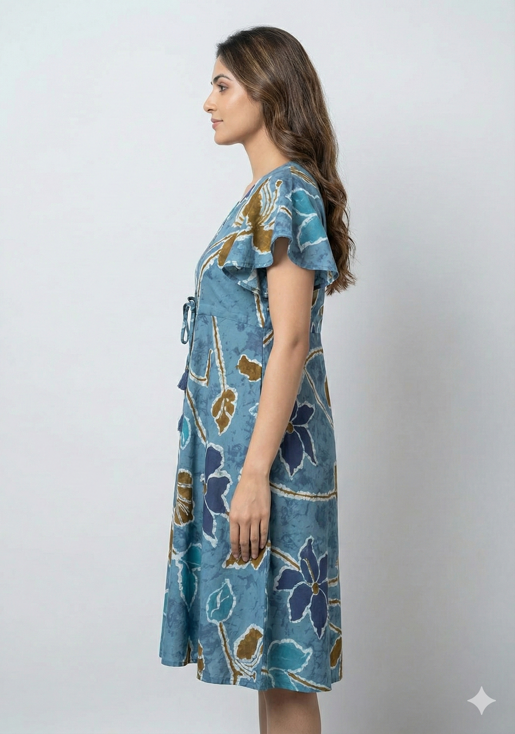 Women’s Cotton Blue Floral Printed Umbrella Style A-Line Dress