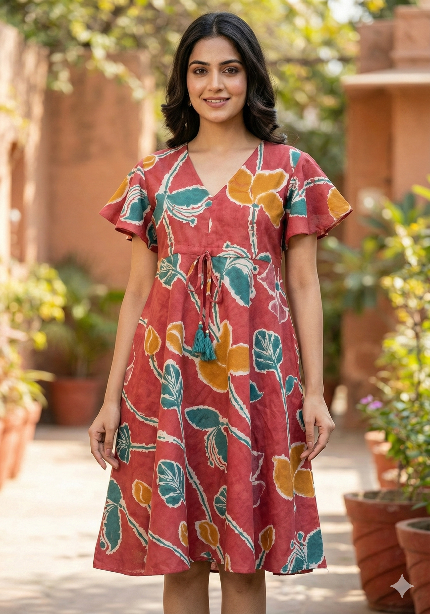 Women’s Cotton Red Floral Printed Umbrella Style A-Line Dress