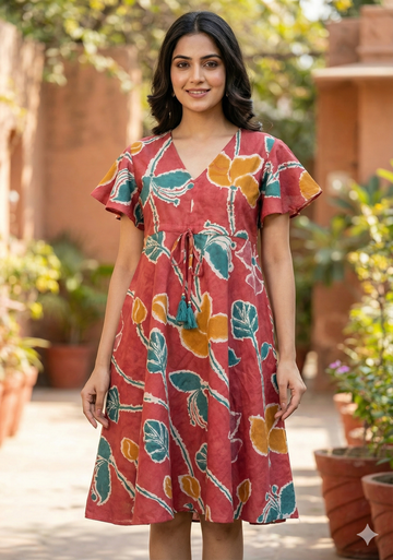 Women’s Cotton Red Floral Printed Umbrella Style A-Line Dress