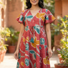 Women’s Cotton Red Floral Printed Umbrella Style A-Line Dress