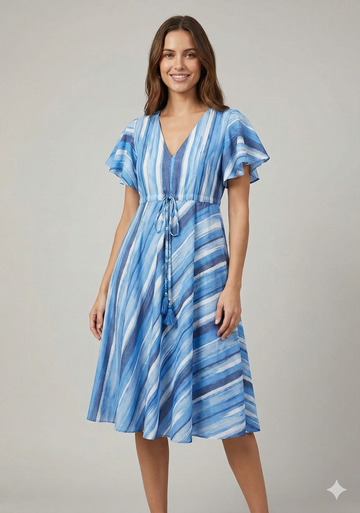 Women’s Cotton Blue Stripes Printed Umbrella Style A-Line Dress