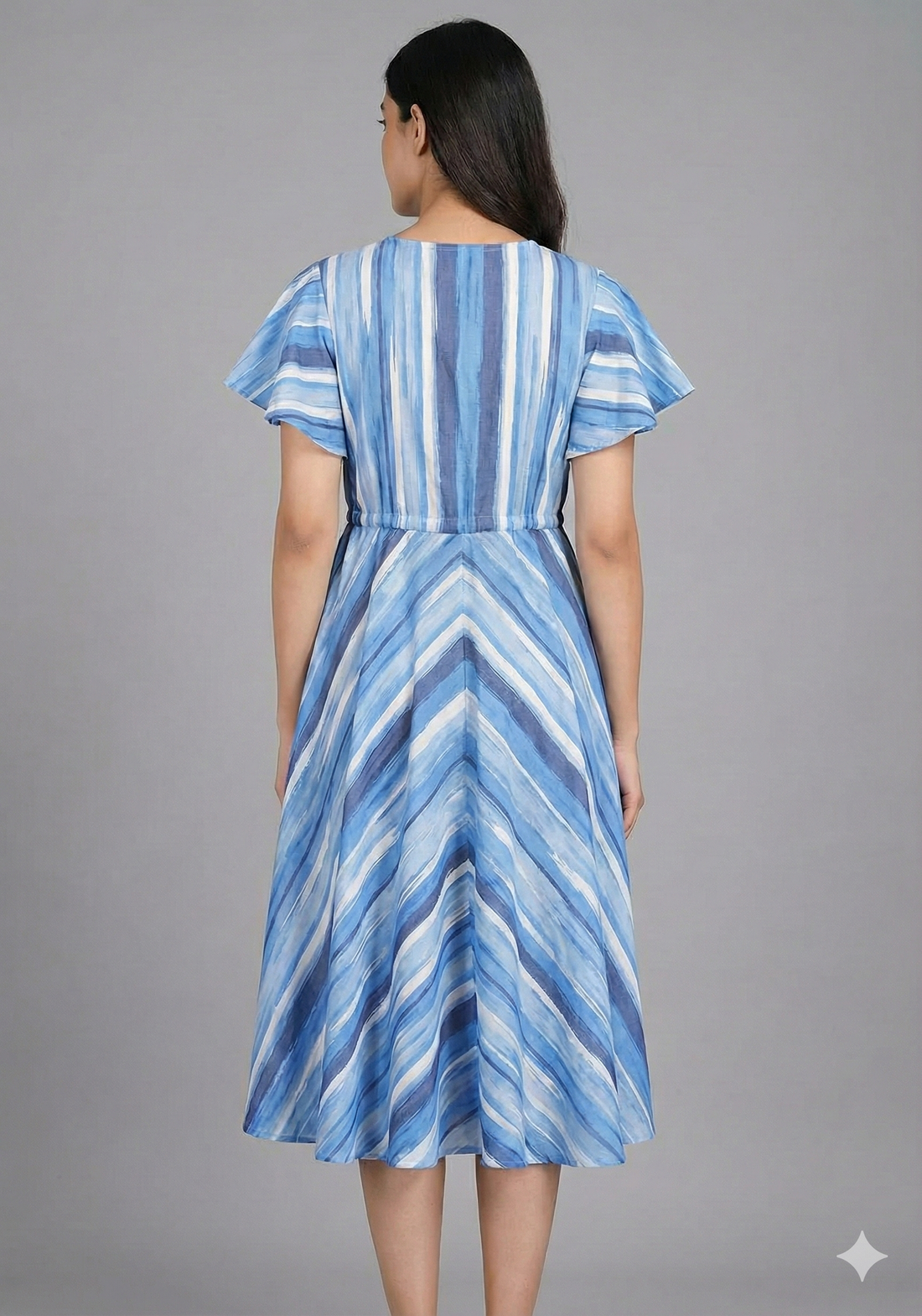 Women’s Cotton Blue Stripes Printed Umbrella Style A-Line Dress