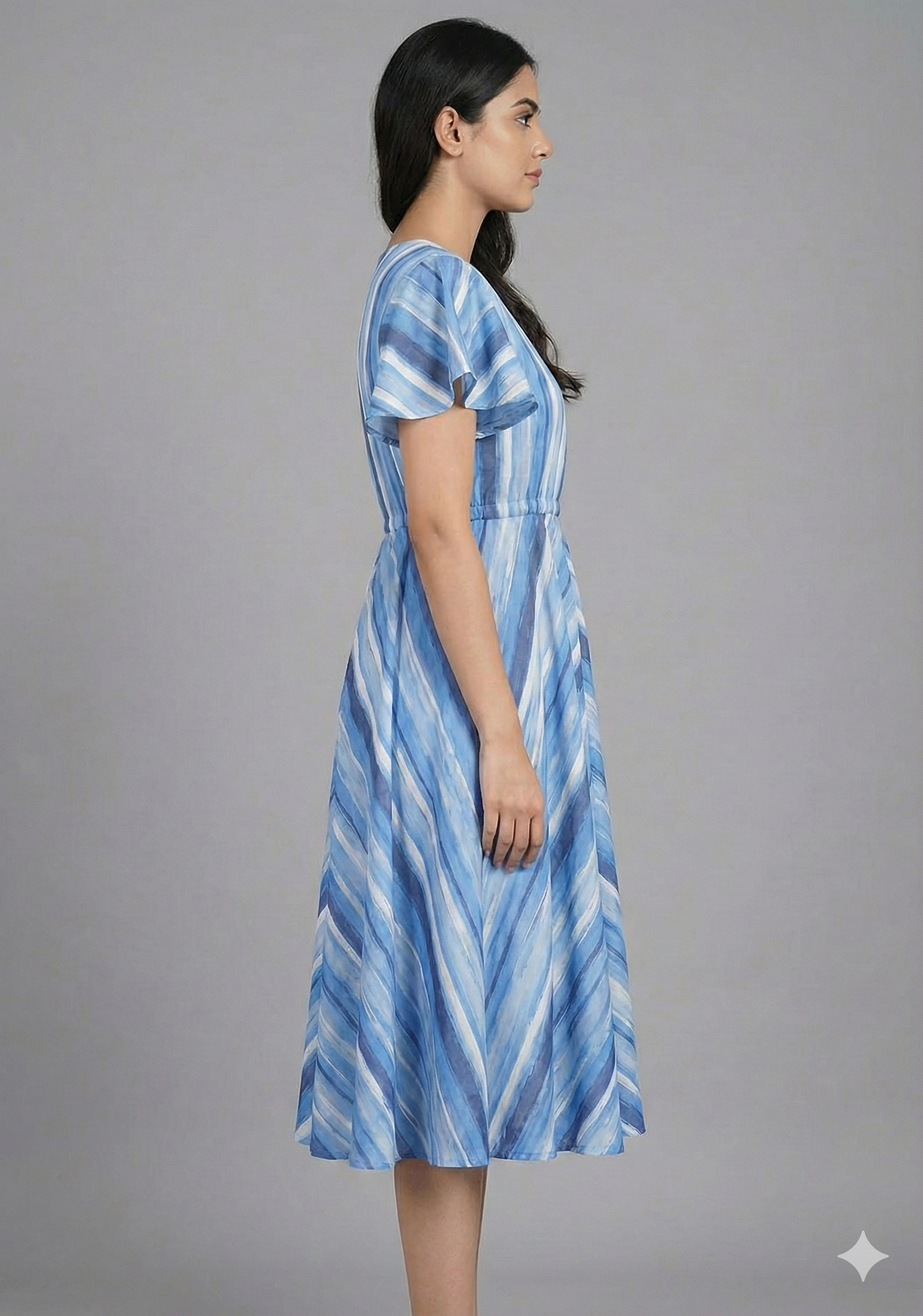 Women’s Cotton Blue Stripes Printed Umbrella Style A-Line Dress