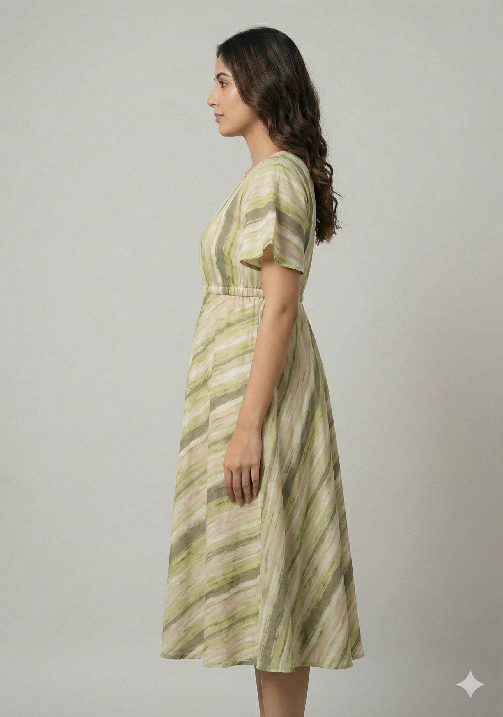 Women’s Cotton Green Stripes Printed Umbrella Style A-Line Dress
