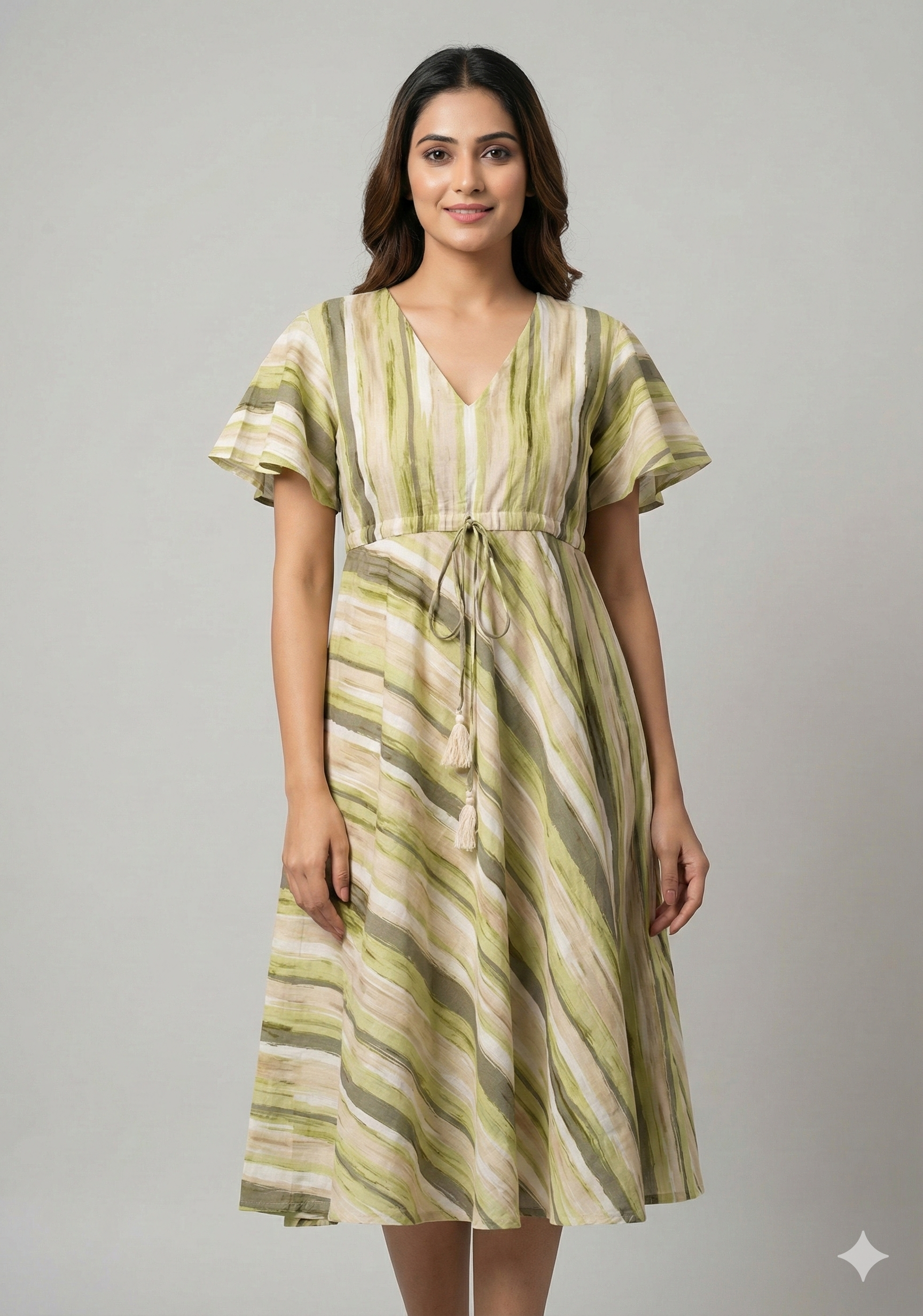 Women’s Cotton Green Stripes Printed Umbrella Style A-Line Dress