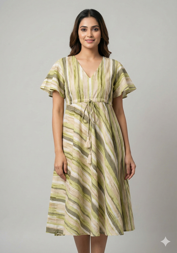 Women’s Cotton Green Stripes Printed Umbrella Style A-Line Dress