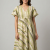 Women’s Cotton Green Stripes Printed Umbrella Style A-Line Dress