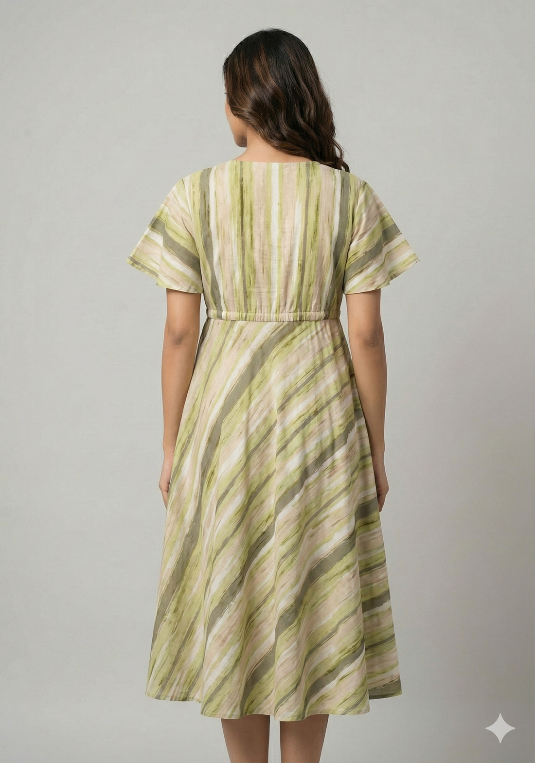 Women’s Cotton Green Stripes Printed Umbrella Style A-Line Dress