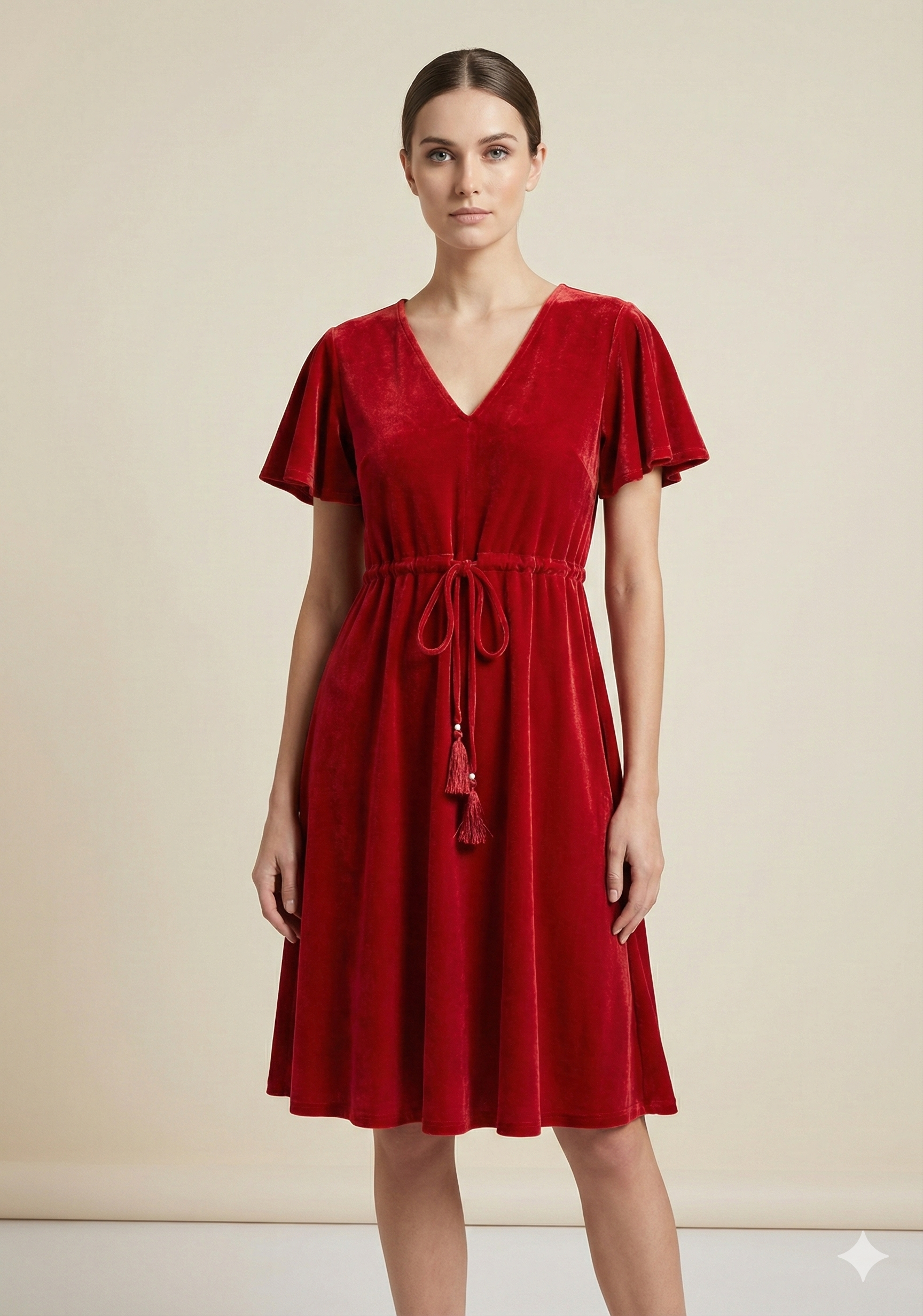 Women’s Red Velvet Umbrella Style A-Line Dress with Drawstring Waist