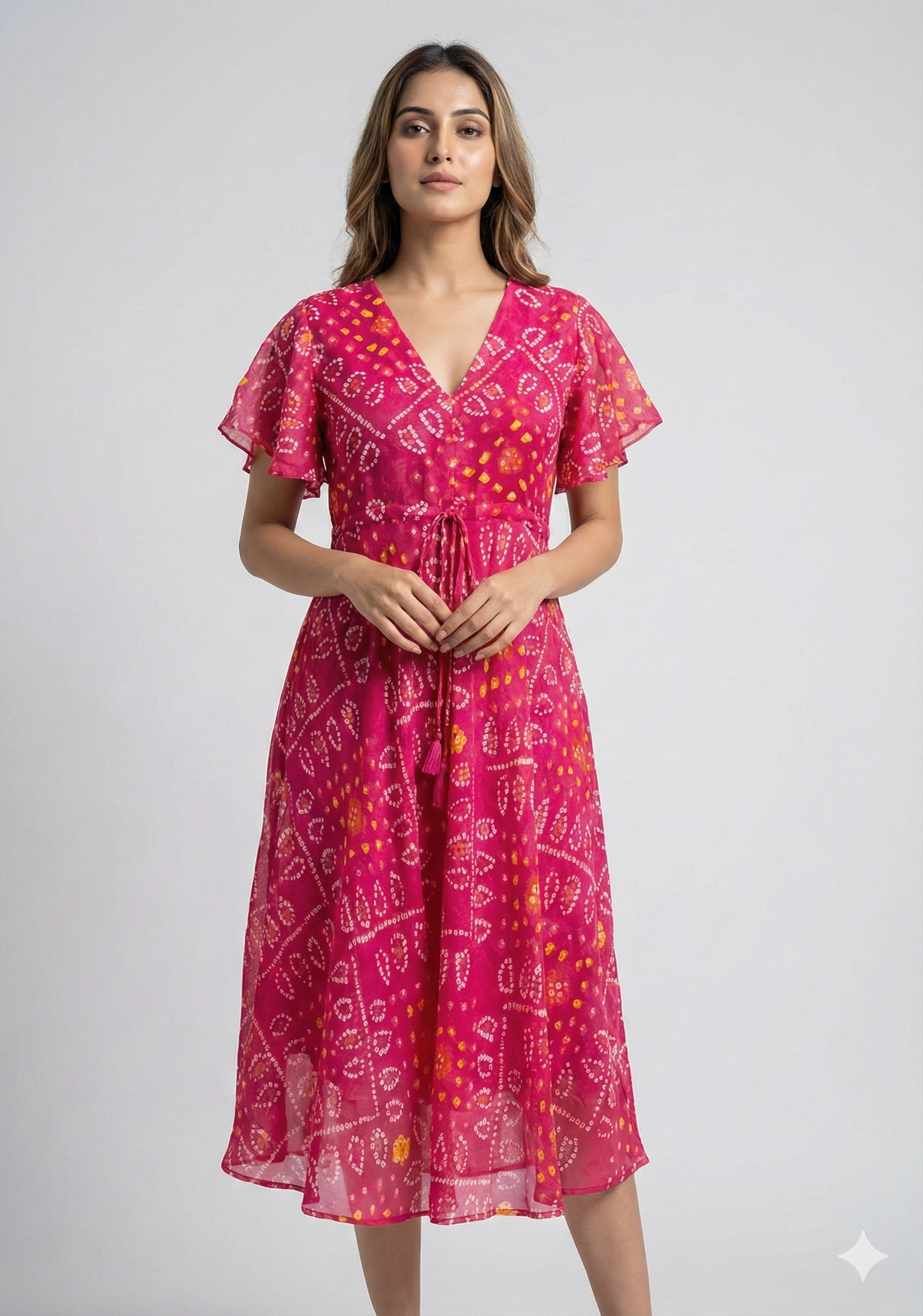Women’s Pink Bandhani Printed Georgette Umbrella Style A-Line Dress with Drawstring Waist
