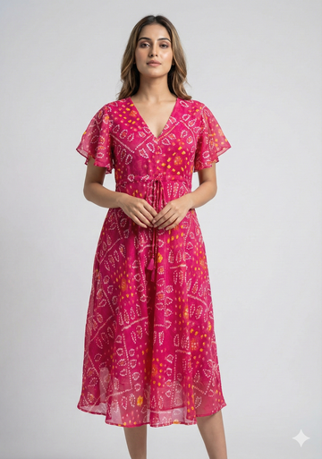Women’s Pink Bandhani Printed Georgette Umbrella Style A-Line Dress with Drawstring Waist