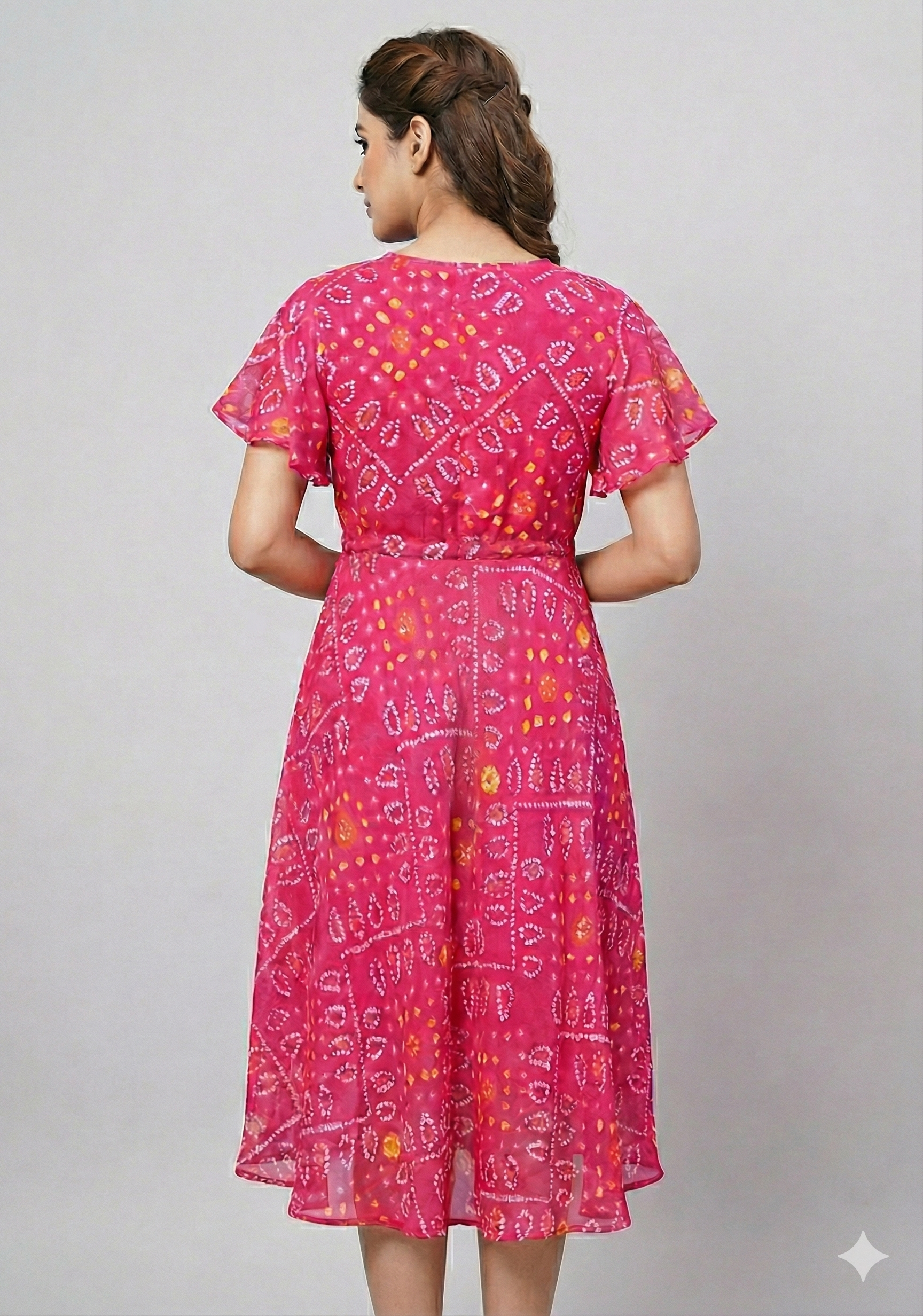 Women’s Pink Bandhani Printed Georgette Umbrella Style A-Line Dress with Drawstring Waist