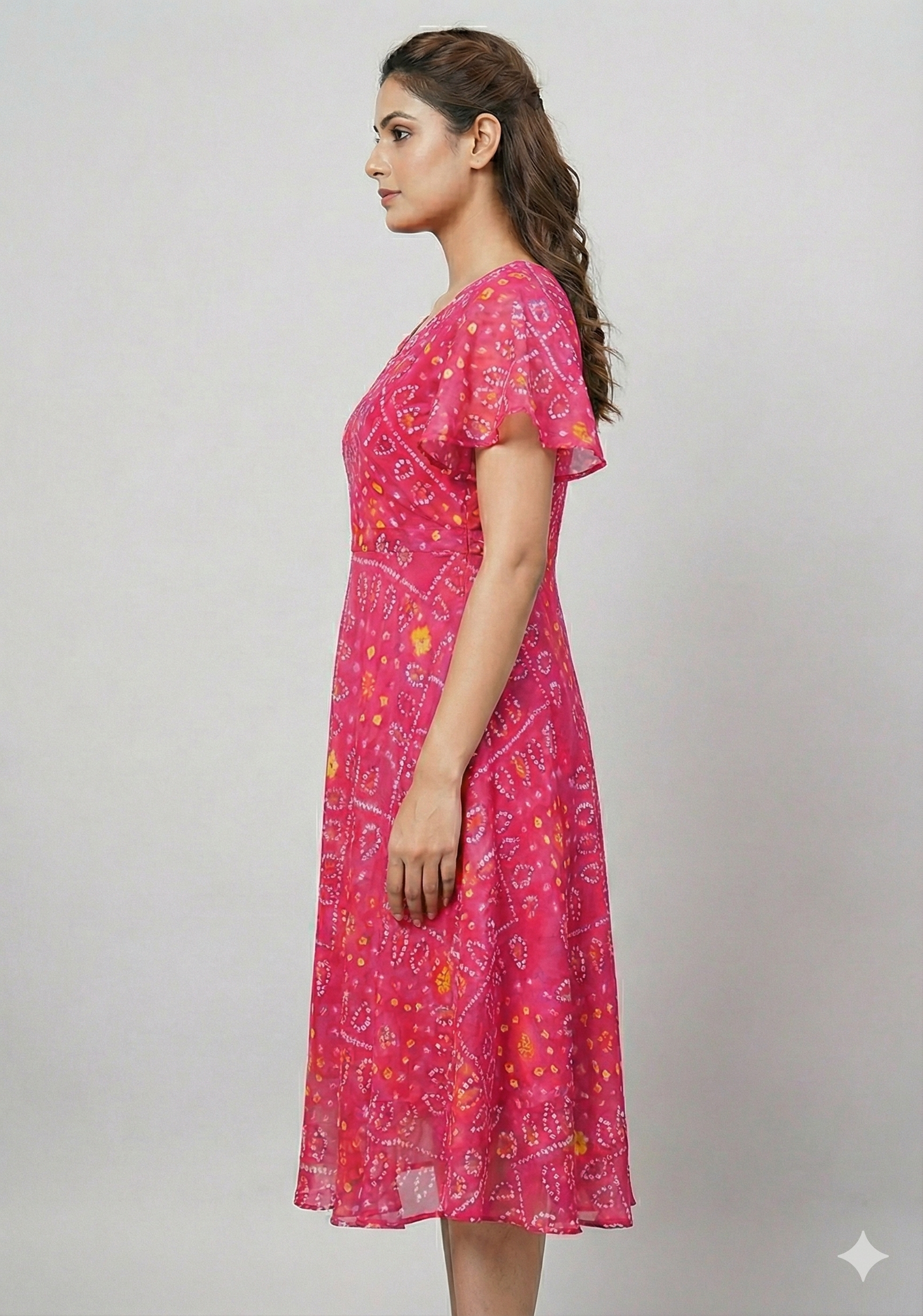 Women’s Pink Bandhani Printed Georgette Umbrella Style A-Line Dress with Drawstring Waist