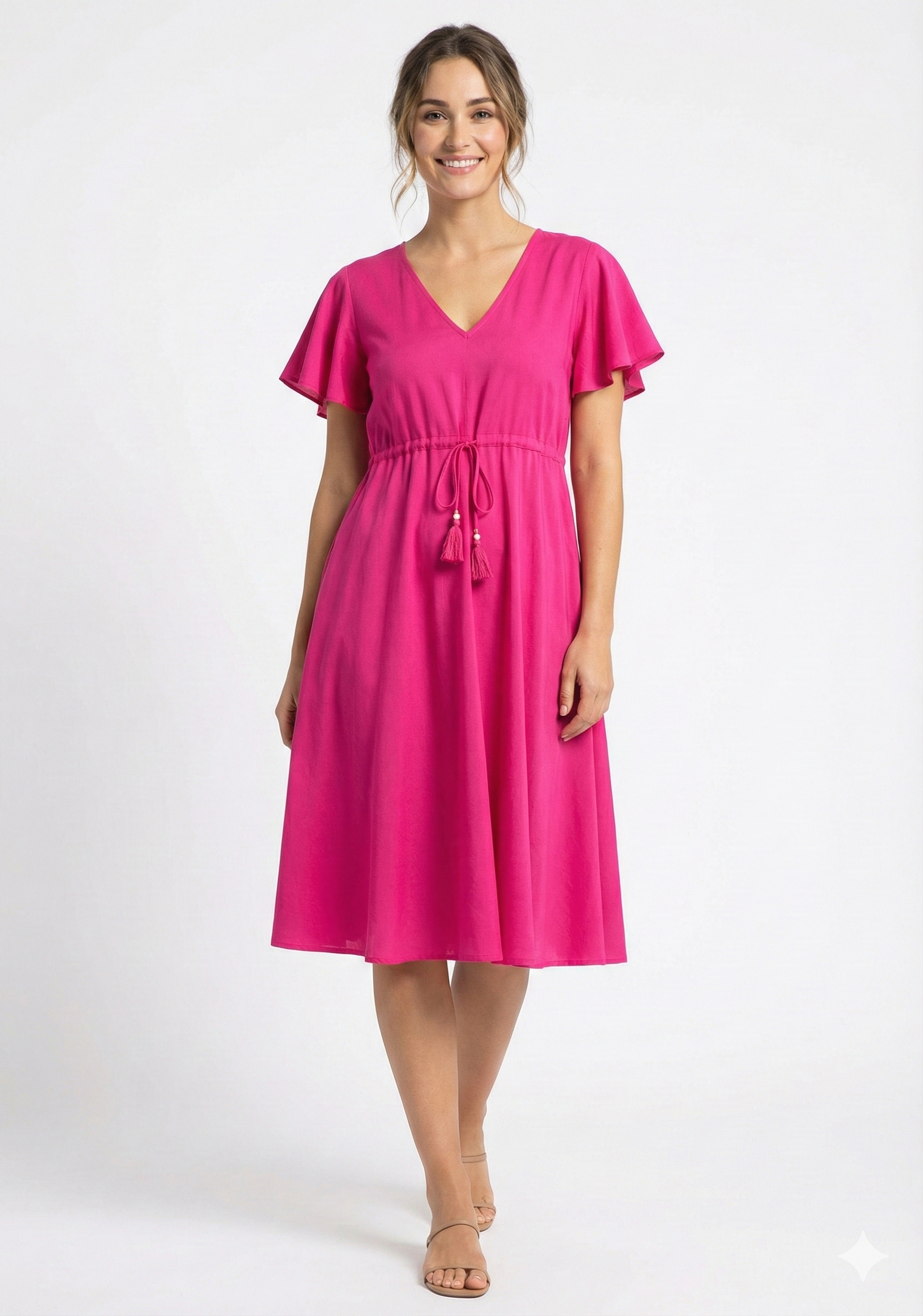 Women’s Pink Rayon Umbrella Style A-Line Dress with Drawstring Waist
