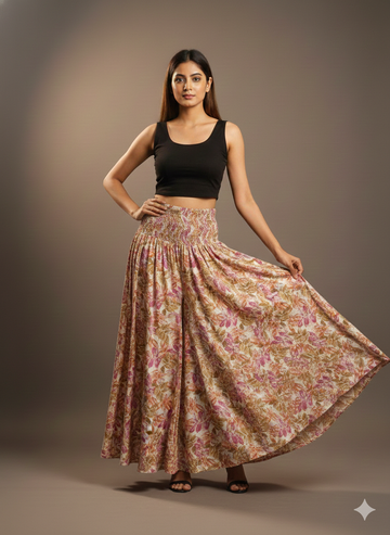 Women's Beige Floral Print High-Waist Smocked Palazzo Pants