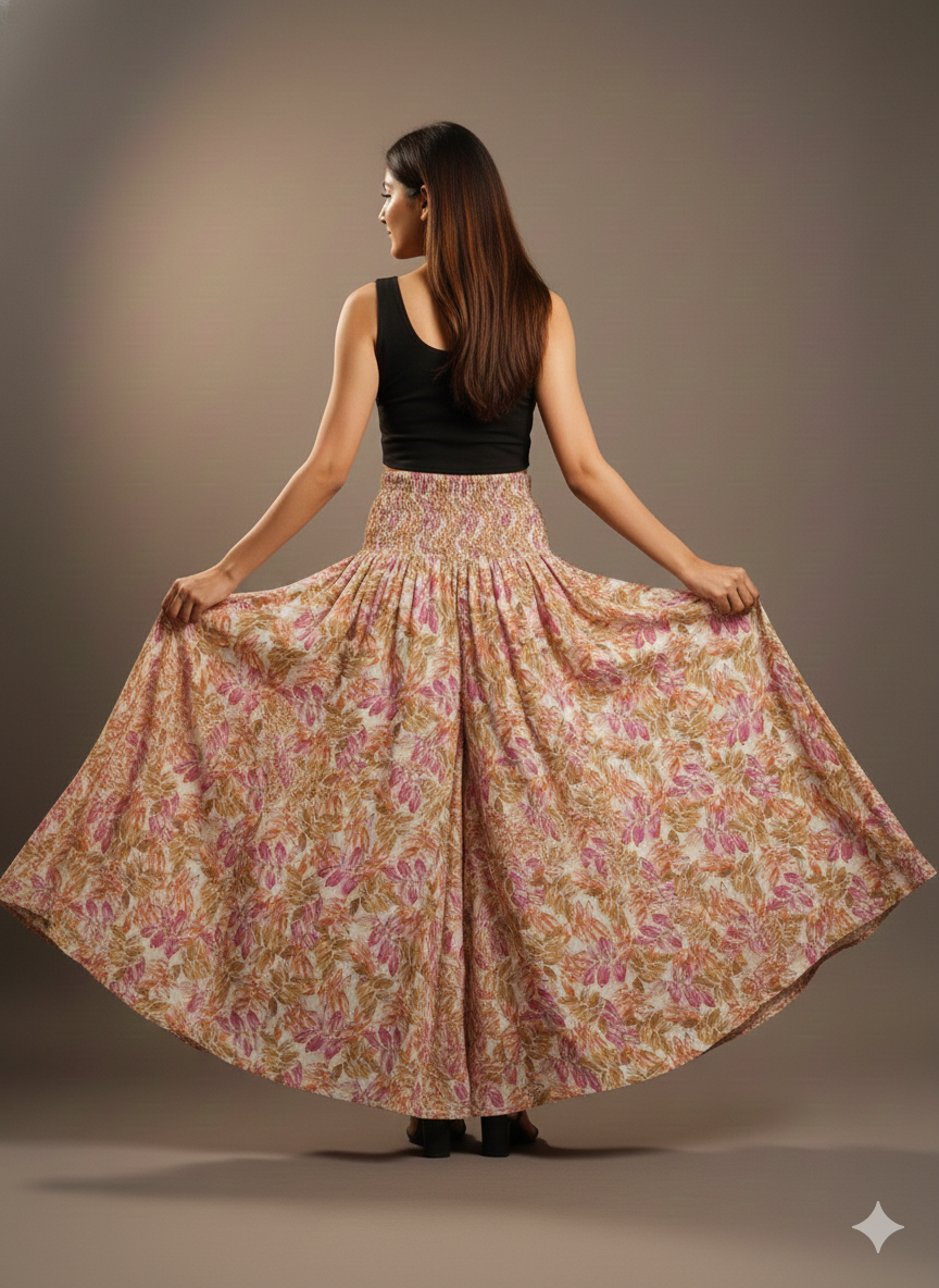 Women's Beige Floral Print High-Waist Smocked Palazzo Pants