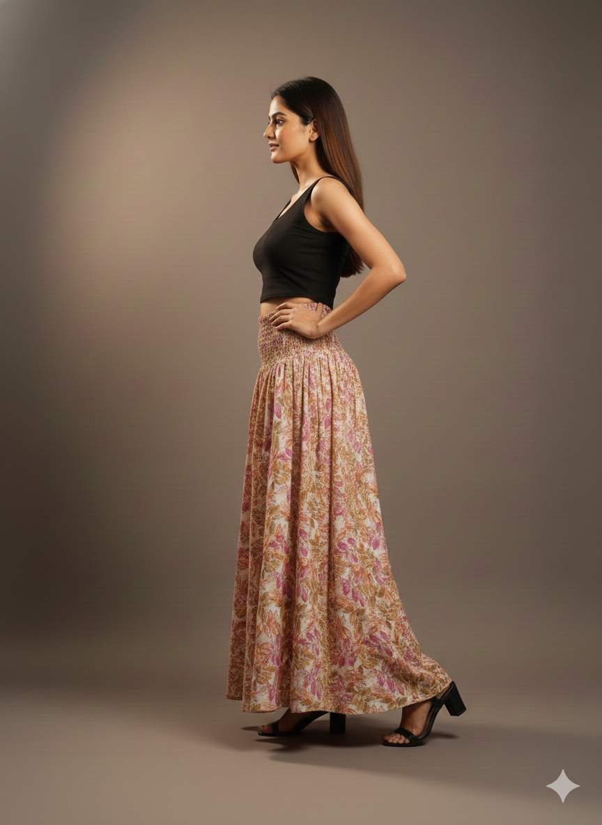 Women's Beige Floral Print High-Waist Smocked Palazzo Pants