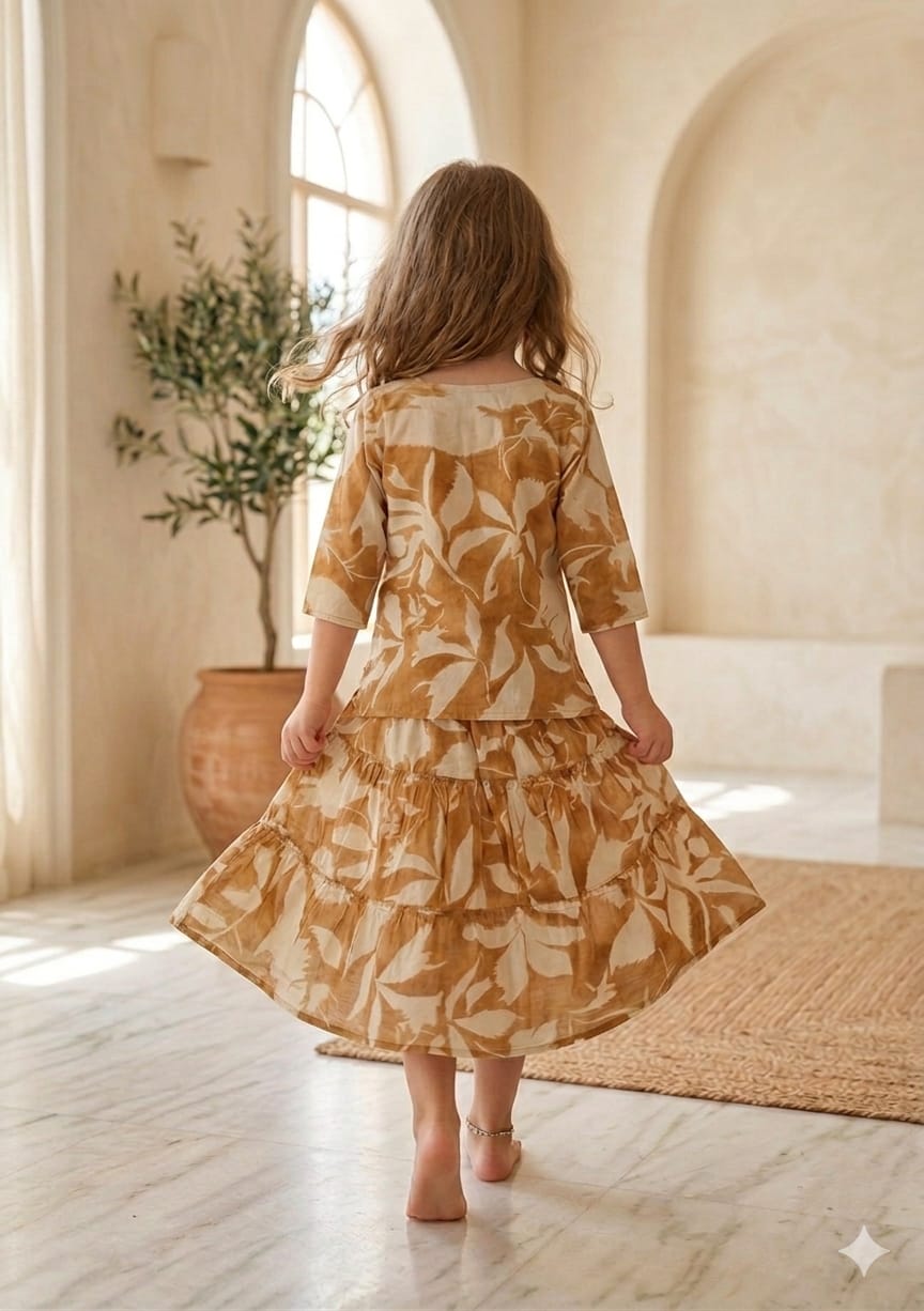 Baby Girls Mustard Leaf Printed Cotton Kurta with Flared Skirt Set
