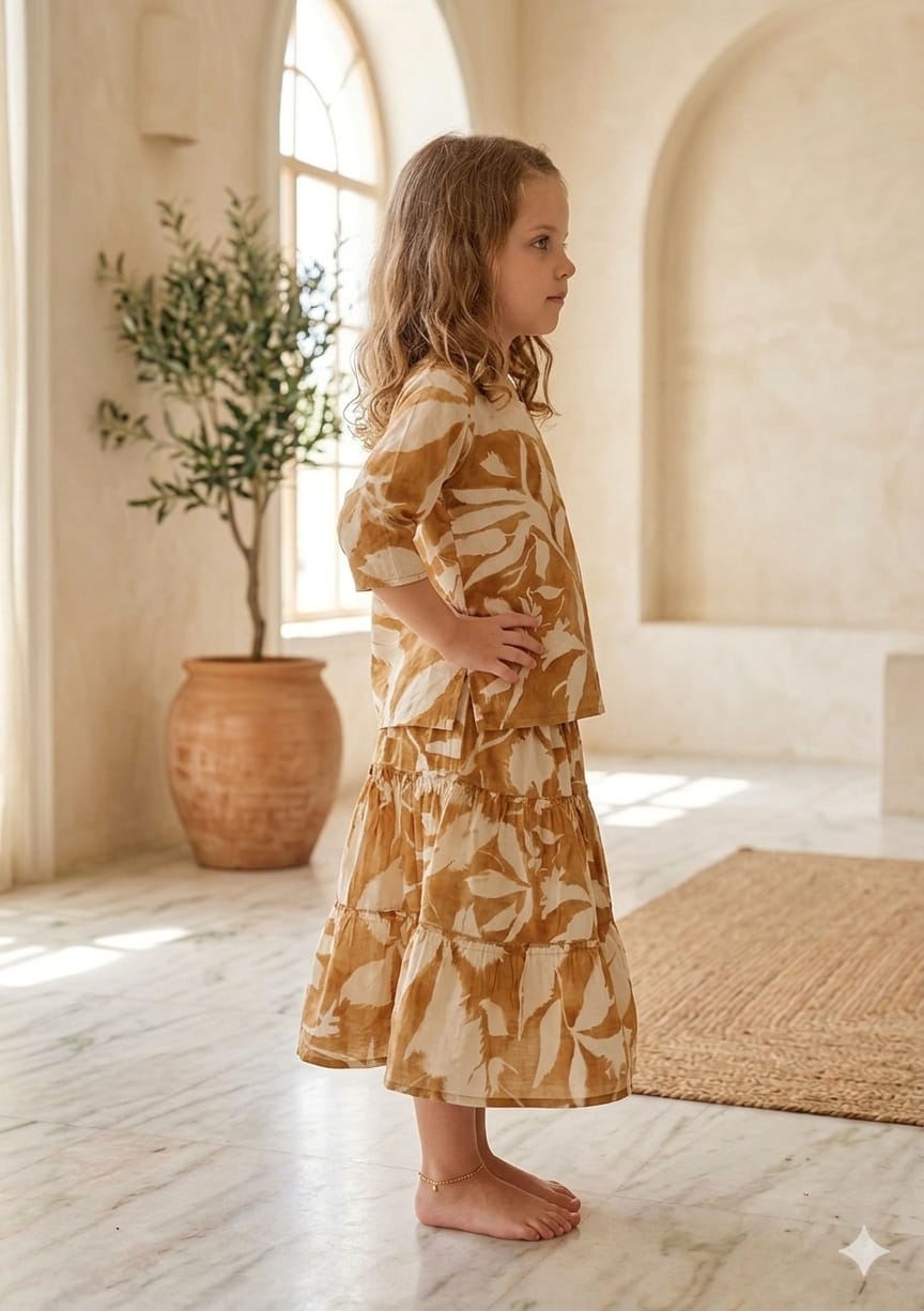 Baby Girls Mustard Leaf Printed Cotton Kurta with Flared Skirt Set