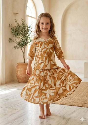 Baby Girls Mustard Leaf Printed Cotton Kurta with Flared Skirt Set