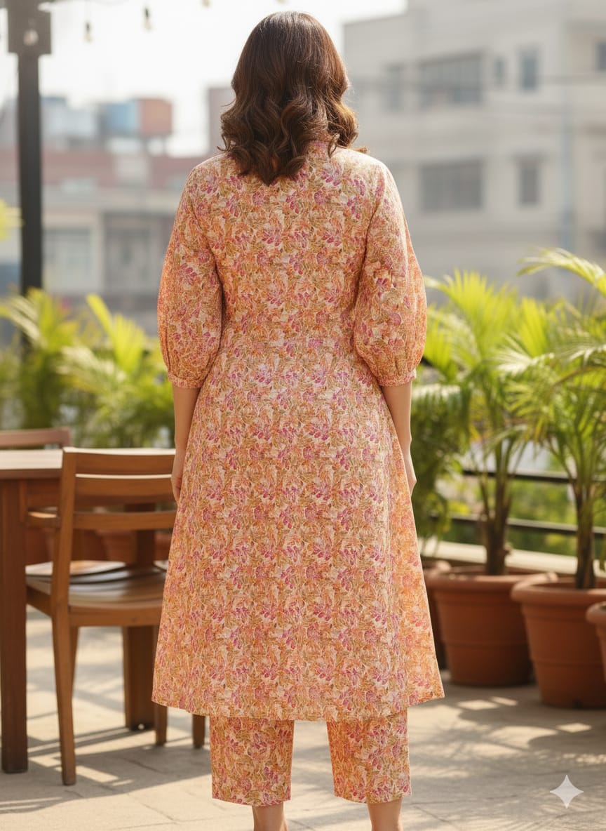 Women’s Orange Floral Printed Cotton Kurta Set with Straight Pants