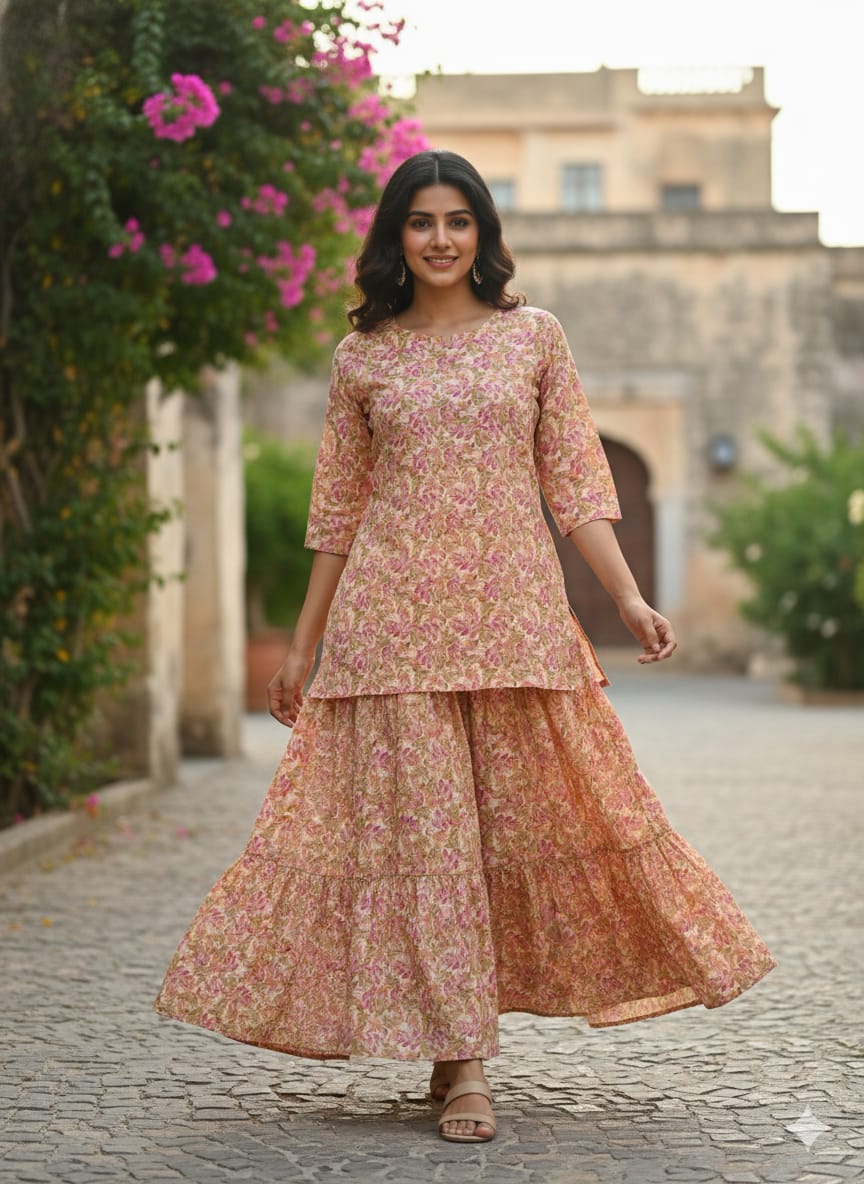 Women’s Floral Printed Cotton Kurta with Flared Skirt Set