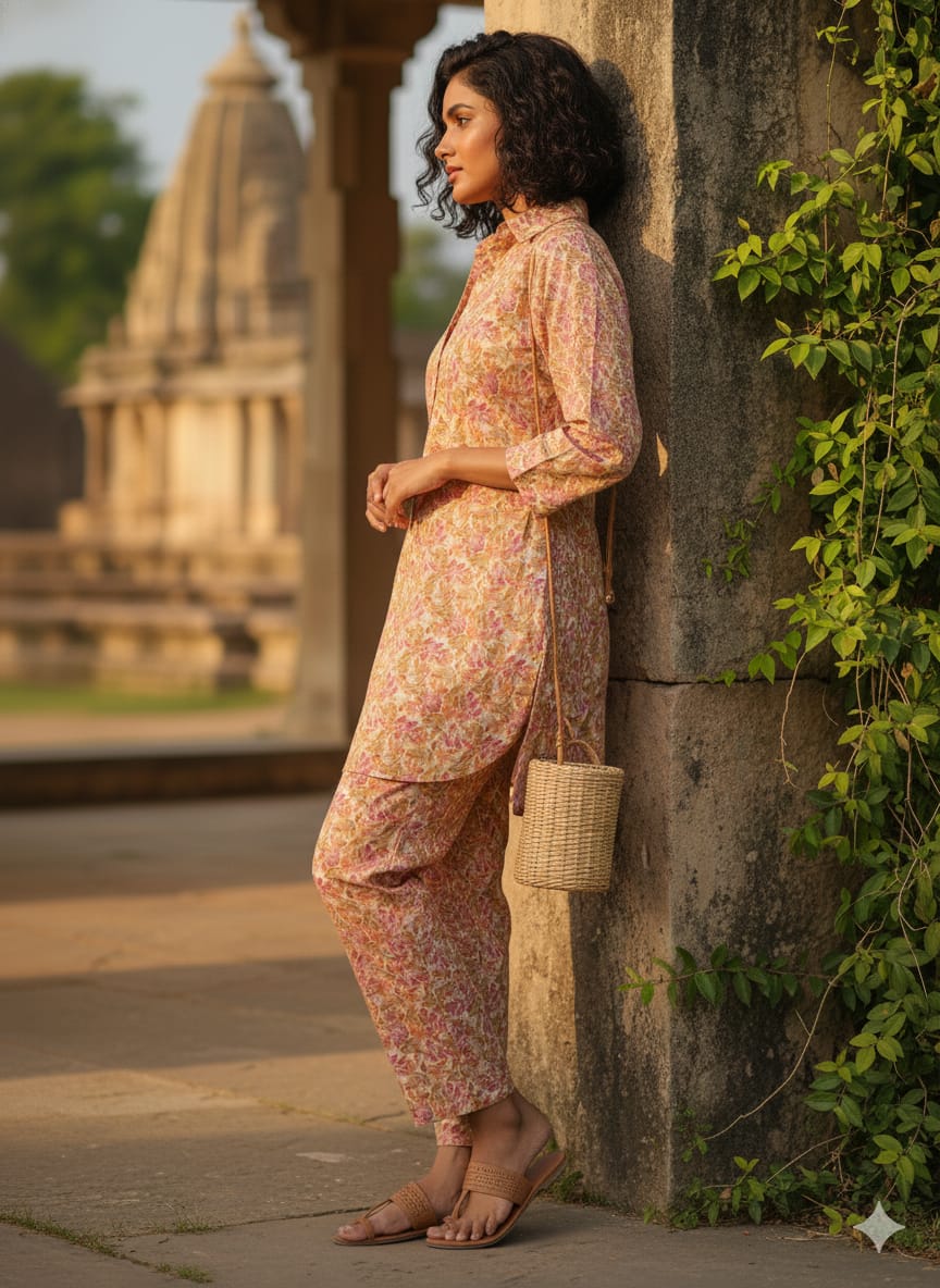 Women’s Orange Floral Printed Cotton Shirt & Pant Co-Ord Set