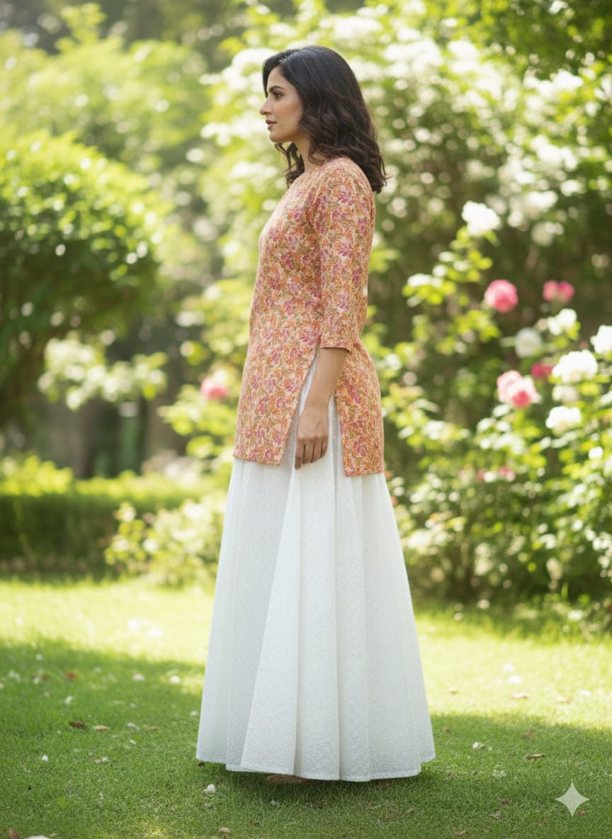 Women’s Floral Printed Cotton Kurta with Chikankari Flared Skirt Set
