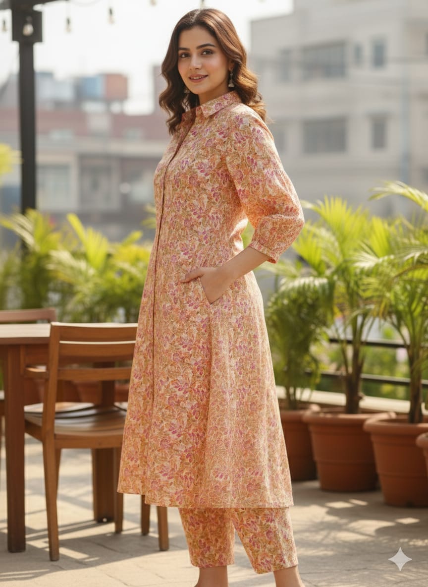 Women’s Orange Floral Printed Cotton Kurta Set with Straight Pants