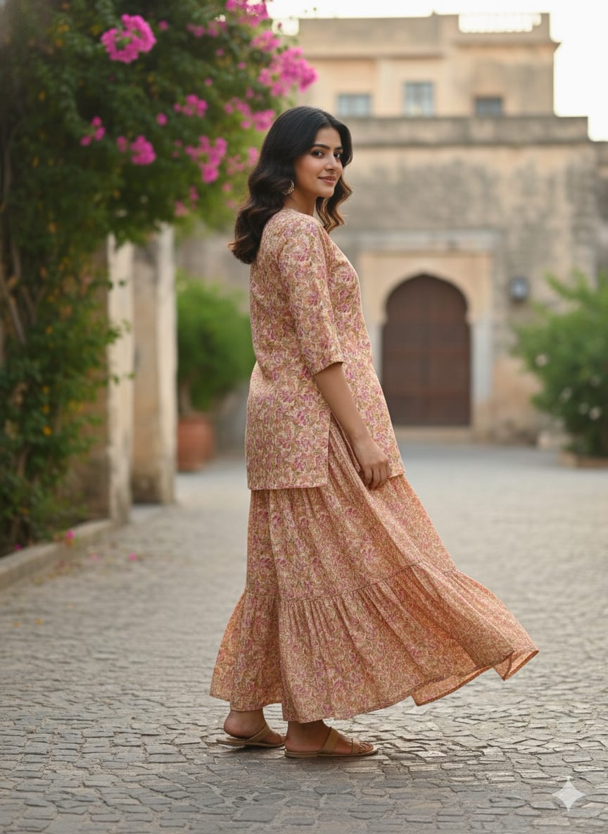 Women’s Floral Printed Cotton Kurta with Flared Skirt Set