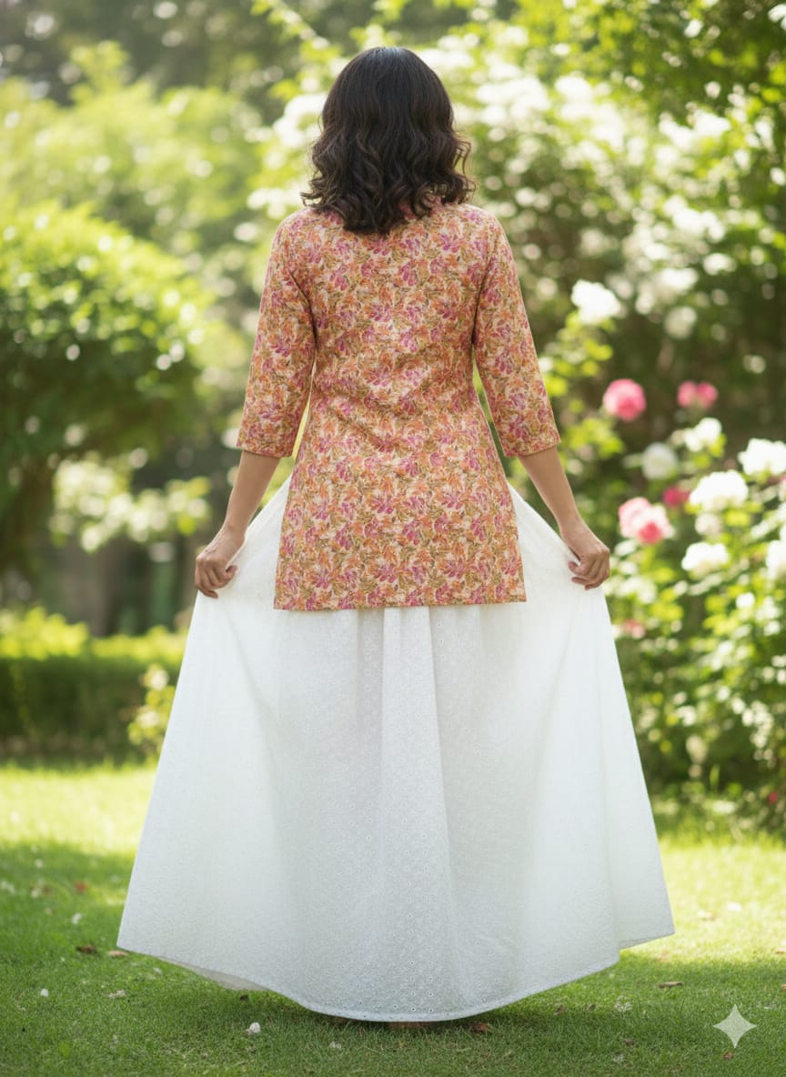 Women’s Floral Printed Cotton Kurta with Chikankari Flared Skirt Set