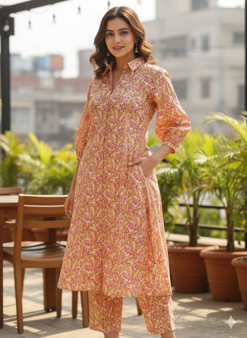Women’s Orange Floral Printed Cotton Kurta Set with Straight Pants