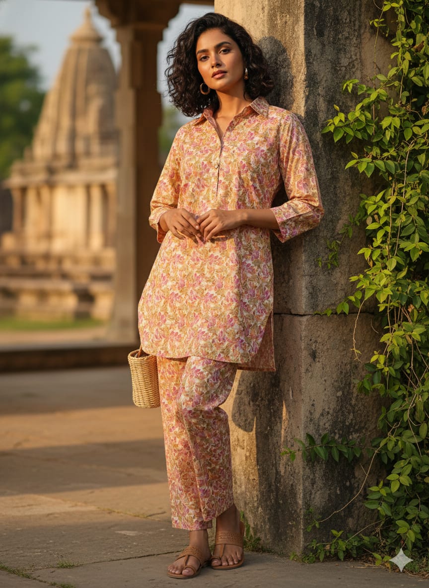 Women’s Orange Floral Printed Cotton Shirt & Pant Co-Ord Set